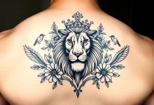 powerful majestic lion with a crown, surrounded by floral ornaments and birds tattoo idea