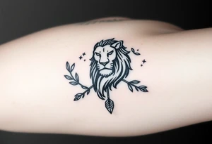 make me a  a Leo zodiac sign picture with an arrow coming out down and two sides surrounded by an olive tree leaf tattoo idea