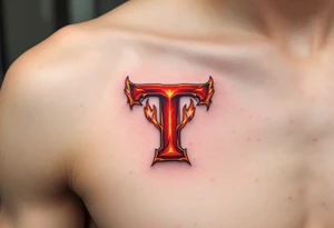 A fiery red "T" with orange flame-like accents licking up its sides. tattoo idea