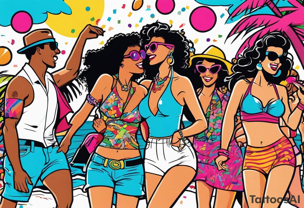 1980's miami vice style beach dance 
party, include confetti, music notes, boom box, bikinis tattoo idea
