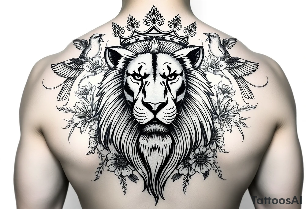 powerful majestic lion with a crown, surrounded by floral ornaments and birds tattoo idea