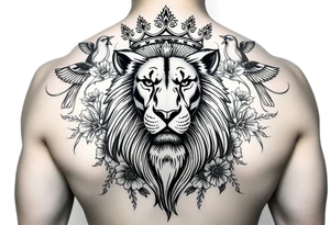 powerful majestic lion with a crown, surrounded by floral ornaments and birds tattoo idea