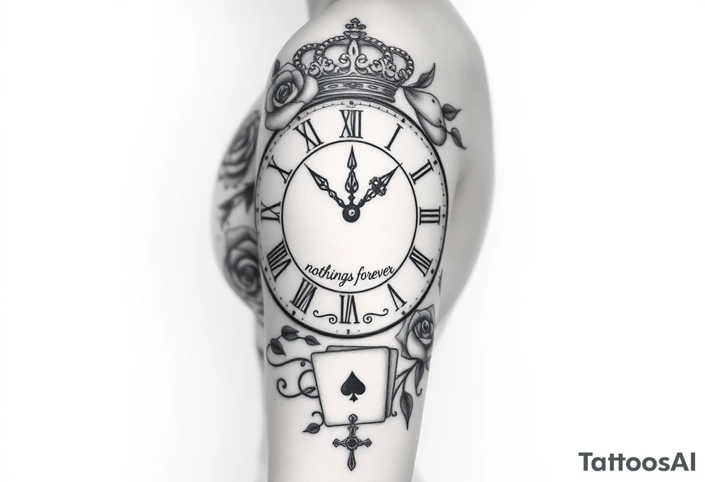 Roman clock with roses and a crown,  a quote that says nothings forever. and on the bottom a deck of cards tattoo idea