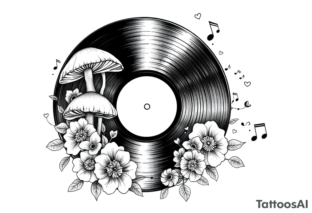 vinyl record with mushrooms, flowers, hearts, and music notes tattoo idea