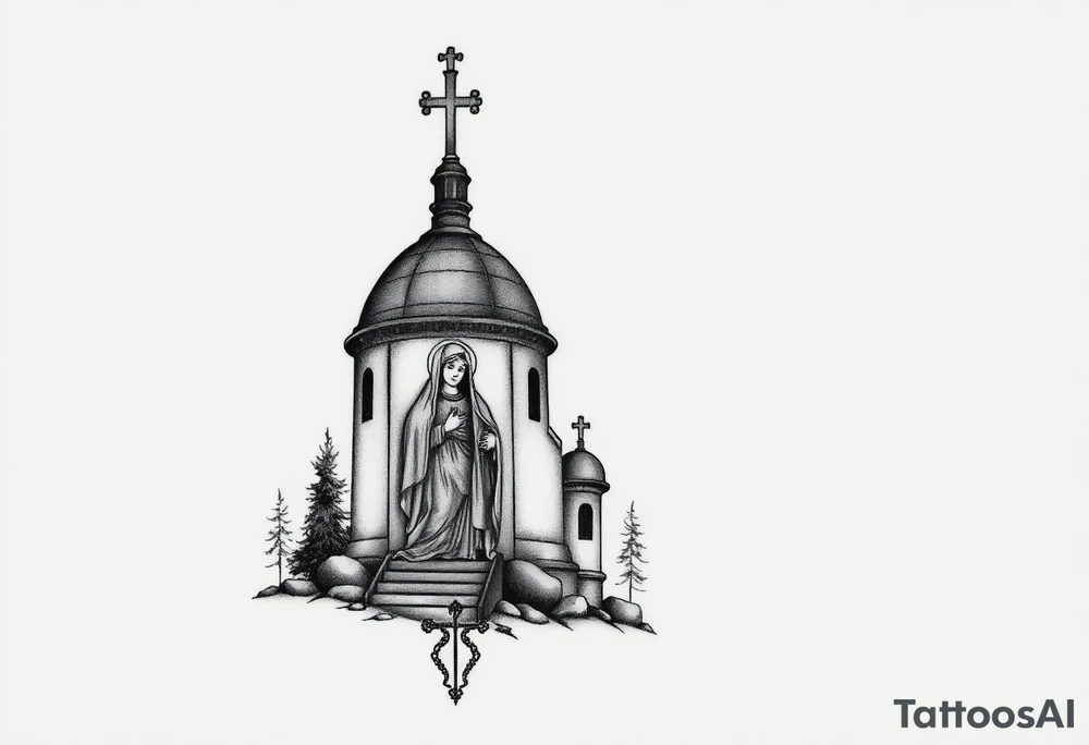 russian design traditional christian orthodox cross with a virgin mary stood beside the entrance of a russian orthodox dome church on the side of the neck in a wilderness setting with the design spread out the side of the neck tattoo idea