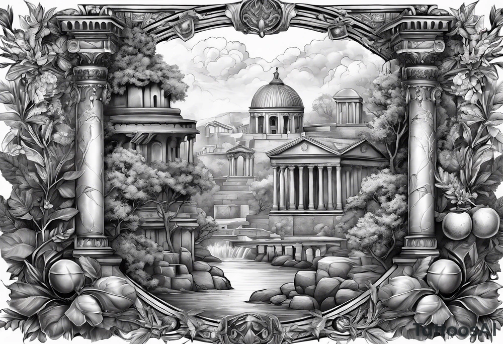 A sleeve of Roman objects, nature, and warriors tattoo idea