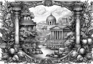 A sleeve of Roman objects, nature, and warriors tattoo idea