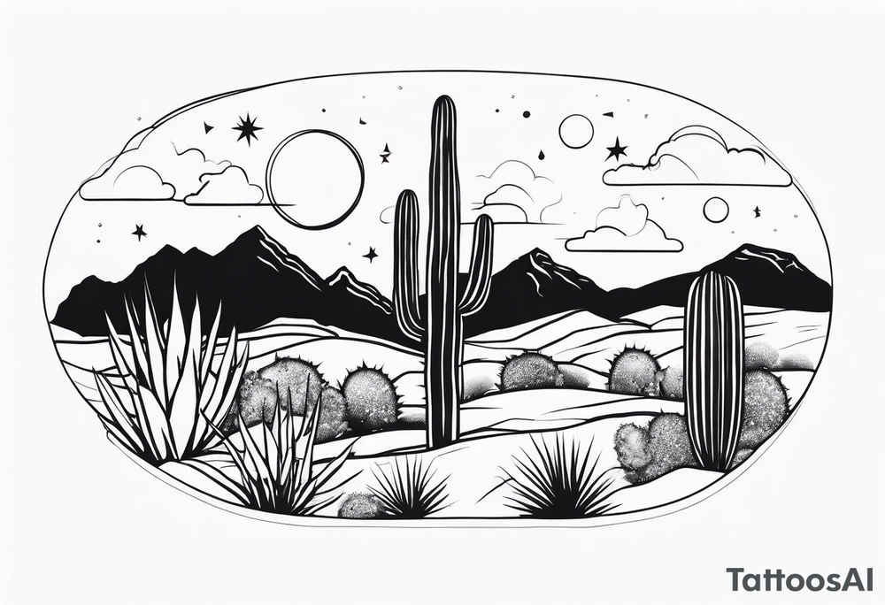 Galaxy sky with Arizona landscape with cactus tattoo idea