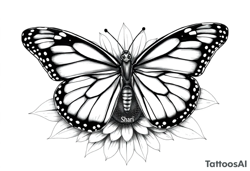 The central focus is a large butterfly with intricate wing patterns, which appears to be a monarch butterfly. It is resting on a sunflower, with its wings spread open.With the name Shari between the wings tattoo idea