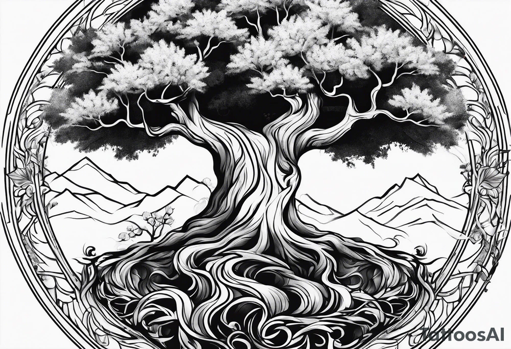 Tree roots and blossoming tree tattoo idea