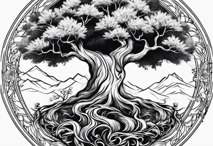 Tree roots and blossoming tree tattoo idea