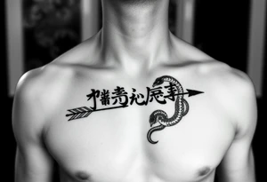 japanese text on chest with arrow and snake tattoo idea