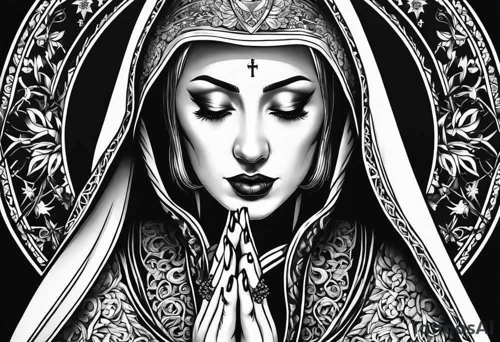 nun with nails in her eyes praying to god tattoo idea