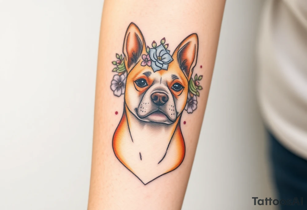 tan staffie with succulents and flowers surrounding her head tattoo idea