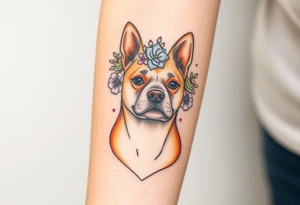 tan staffie with succulents and flowers surrounding her head tattoo idea