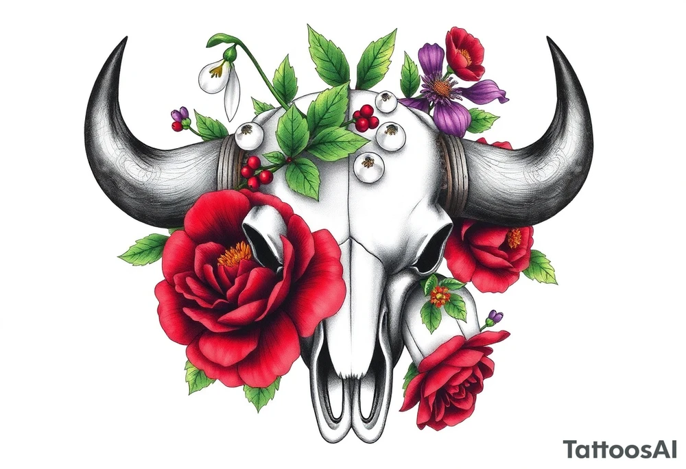 Buffalo or bison skull with flowers. Snow drop and red peony. Green holly with red berries, purple larkspur, red peony.  Colour. For upper arm or shoulder. Masculin. tattoo idea