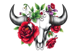 Buffalo or bison skull with flowers. Snow drop and red peony. Green holly with red berries, purple larkspur, red peony.  Colour. For upper arm or shoulder. Masculin. tattoo idea