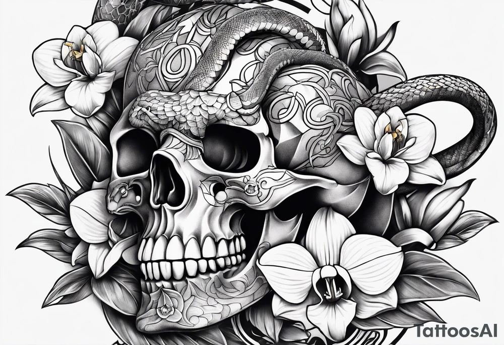 Snake wrapped around dagger, orchids and skulls tattoo idea