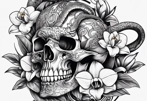 Snake wrapped around dagger, orchids and skulls tattoo idea
