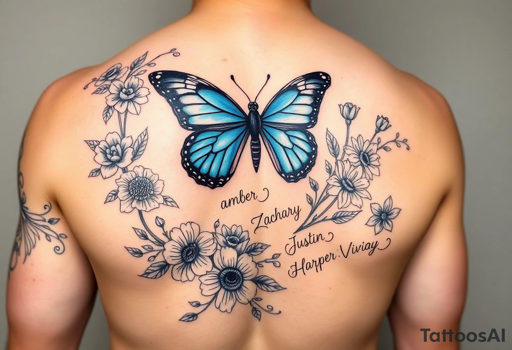 Sleeve/ floral with vines roses and daises large bright blue monarch in center of forearm with floral extending from wrist to mid bicep children’s names written with vines “ amber, Zachary, Justin, Harper, Vivian “ tattoo idea