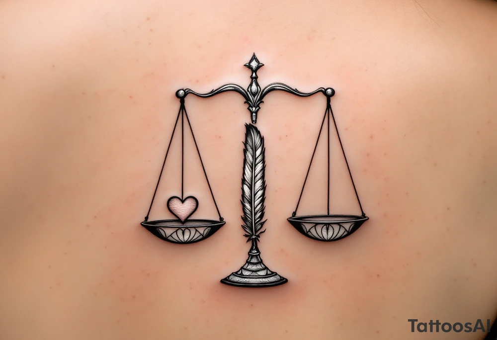 A pair of delicate scales balancing a heart on one side and a feather on the other, in elegant black and silver shading, symbolizing karmic justice. tattoo idea