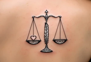 A pair of delicate scales balancing a heart on one side and a feather on the other, in elegant black and silver shading, symbolizing karmic justice. tattoo idea