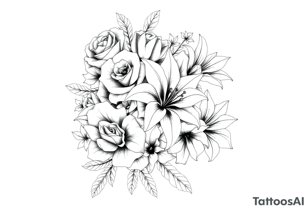 Arm and shoulder tattoo including roses, Lilly’s, and other beautiful flowers tattoo idea