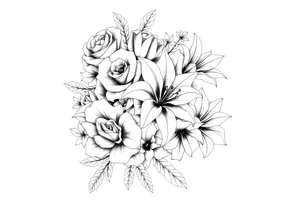 Arm and shoulder tattoo including roses, Lilly’s, and other beautiful flowers tattoo idea