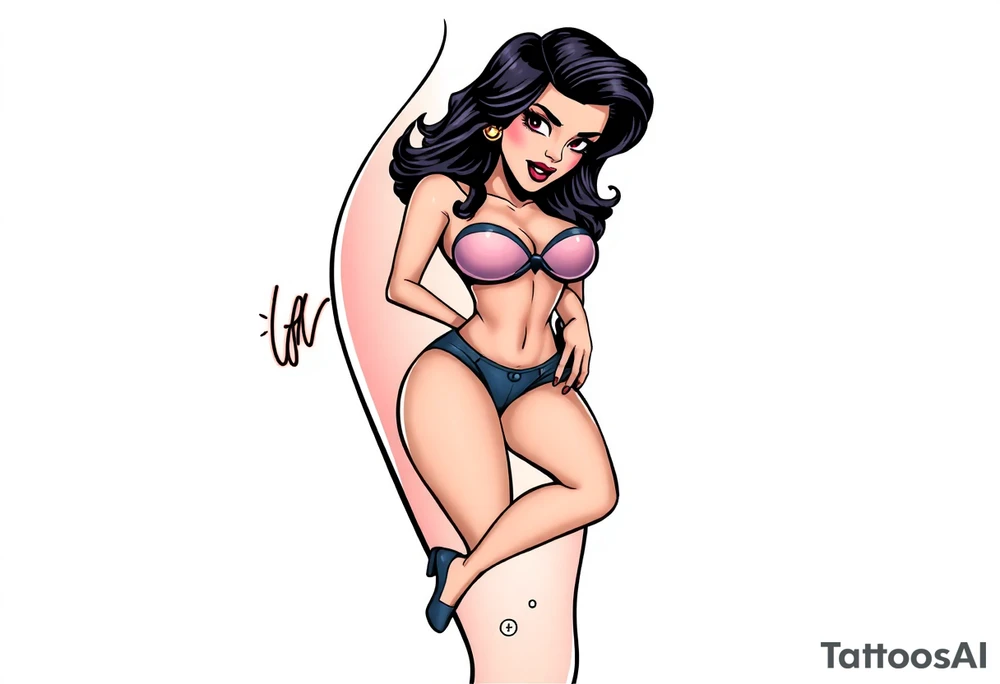 Stylized comic book woman in bondage on thigh tattoo idea