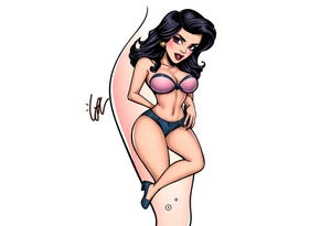 Stylized comic book woman in bondage on thigh tattoo idea