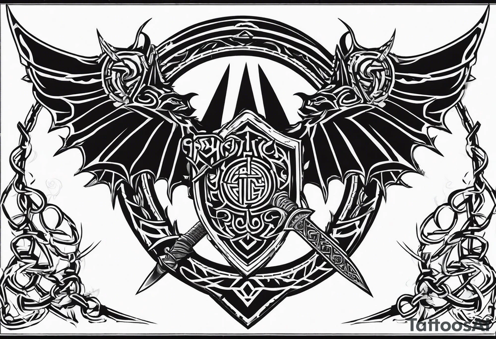 Valhalla sword shield dragon axe Valknut barbed wire chains tribal tattoo idea Valhalla sword shield dragon axe Valknut barbed wire chains tribal tattoo idea