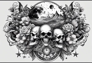 sleeve tattoo including science, skulls, roller coaster track, space and stars, flowers tattoo idea