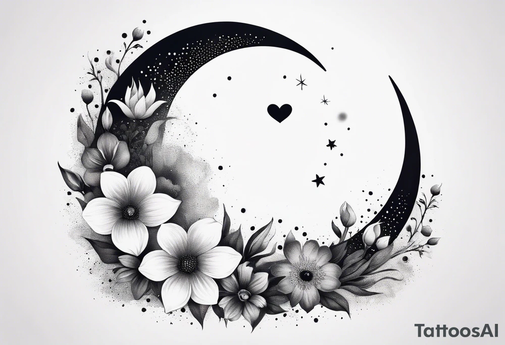 Crescent moon with a heart inside, shrouded by beautiful flowers with wisps of mist tattoo idea