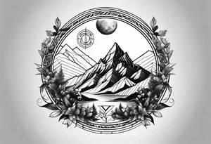 A geometric tattoo for the whole forearm with a mountain peak, Yggdrasil, a Triskelion and the moon intertwined with the geometric design tattoo idea