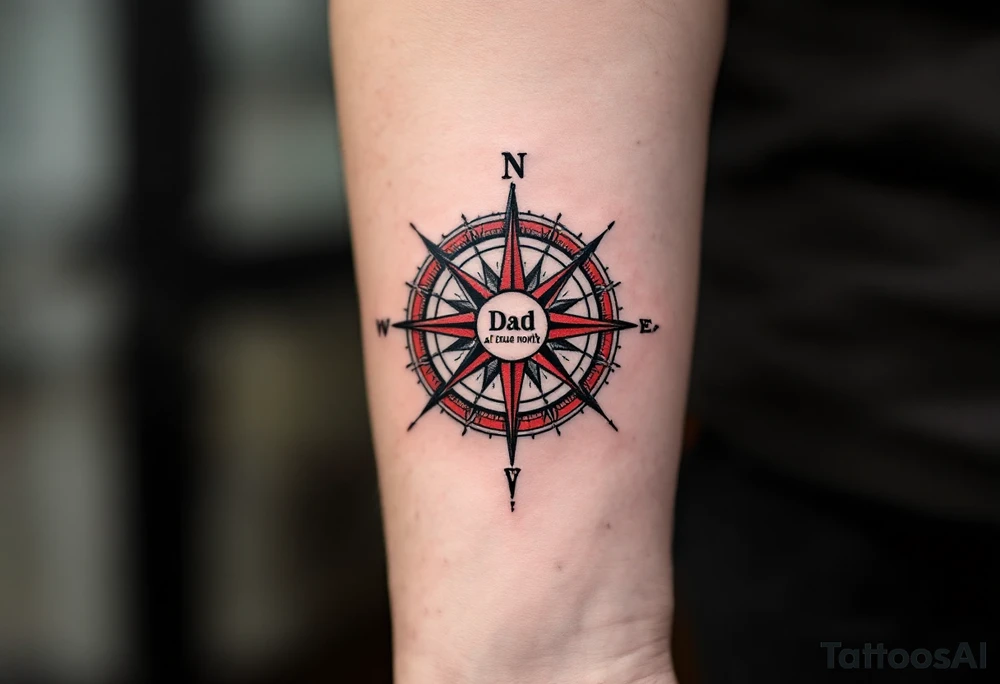 A traditional-style compass with red and black detailing, pointing toward “Dad” at true north. tattoo idea