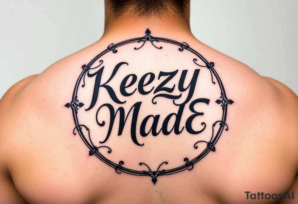 letters only fancy but rugged twisted and intertwined circular arched curvy lettering in a circular  forum that would be clothing brand style that says (KeezY MadE) almost like the the roca wear symbol clothing brand trademark or just the KM tattoo idea