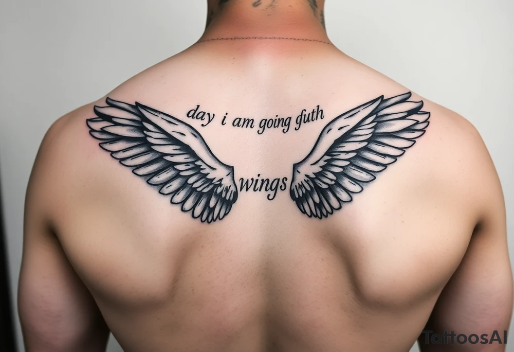 big back tattoo with words saying “one day i am going to grow wings” with big wings spreading tattoo idea