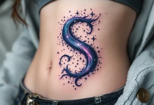 A galaxy-themed "S" with deep navy, purples, and scattered white stars. tattoo idea