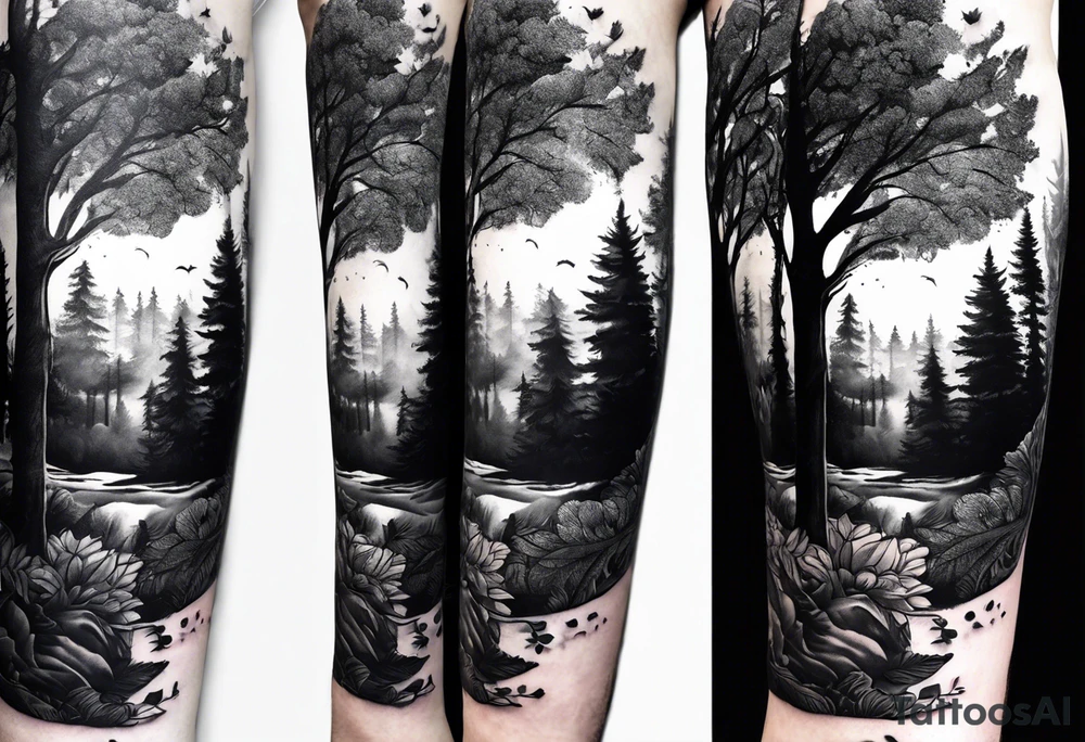 forearm sleeve, time, forest, kids tattoo idea