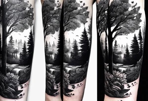 forearm sleeve, time, forest, kids tattoo idea