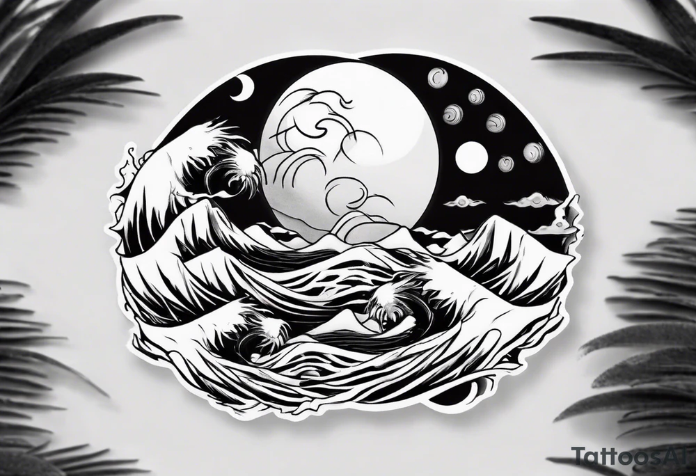 sun and moon in yin yang symbol
over ocean wave and mountains tattoo idea