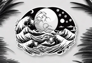 sun and moon in yin yang symbol 
over ocean wave and mountains tattoo idea