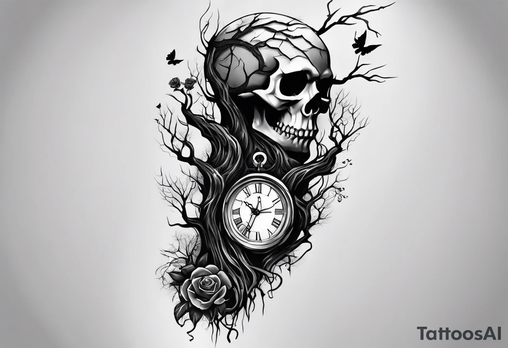 tattoo sleeve, tree roots break out of the chains at the bottom of the hand, Symbolizing loss, an image of a broken mask, Clock with flying numbers, girl, skull, roses tattoo idea