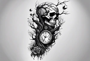 tattoo sleeve, tree roots break out of the chains at the bottom of the hand, Symbolizing loss, an image of a broken mask, Clock with flying numbers, girl, skull, roses tattoo idea