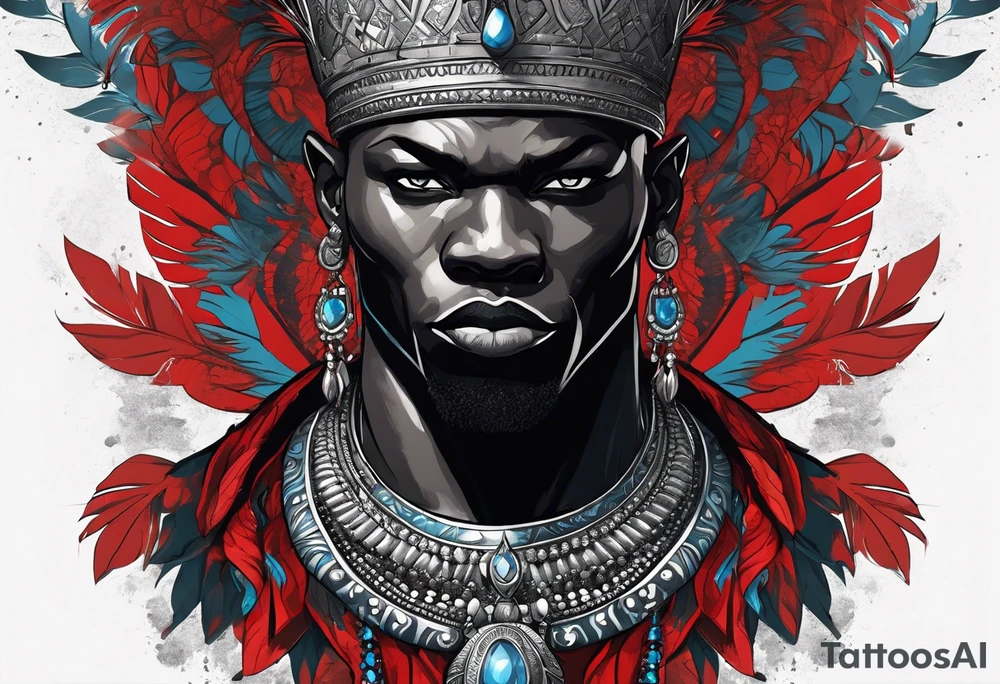 Black-skinned bald african warrior. He has a silver crown. He wears two simple necklaces: one blue, other red. Looking front tattoo idea