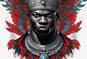 Black-skinned bald african warrior. He has a silver crown. He wears two simple necklaces: one blue, other red. Looking front tattoo idea