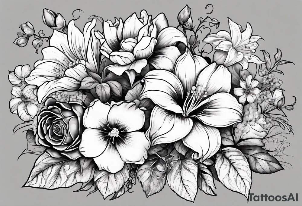 Bouquet of roses, violets, chrysanthemums, morning glories, and lily of the valley tattoo idea