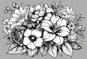Bouquet of roses, violets, chrysanthemums, morning glories, and lily of the valley tattoo idea