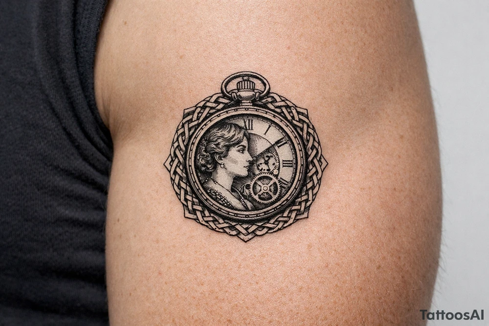 Victorian pocket watch, Margo's profile, intricate clockwork, woven knot border. tattoo idea