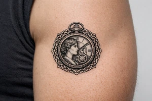 Victorian pocket watch, Margo's profile, intricate clockwork, woven knot border. tattoo idea